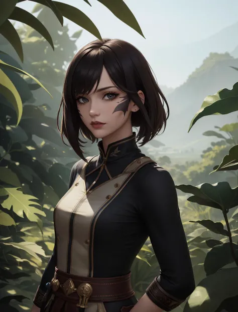solo, (full body:0.6), looking at viewer, detailed background, detailed face, (<lora:CulturePunkBundle:0.4>, fairytaleai, fairytale theme:1.1) aggressive jungle fighter, green tribal clothing, warpaint, tribal markings, leaves, tropical climate, fighting stance, bushes, poisonous plants, exotic, jungle in background, snake in background, cinematic atmosphere,
