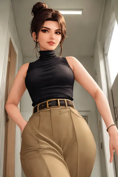 (from below, closeup on face:1.2) photo of <lora:YaelAris_v1:0.9> YaelAris ,
smiling,
she is wearing snake print sleeveless turtleneck
,
she is wearing sam browne belt,
her hair is styled as fishtail messy bun,
BREAK she is (in the hallway:1.1),
high key brightly lit,
Velvia 100
,lens flare,shot on HOLGA 120n, Lomachrome
,