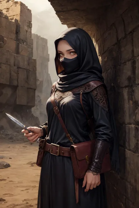 masterpiece, best quality, (realistic), (perfect face), intricate, sharp focus, <lora:add_detail:1>
1 girl, adult polish woman, freckles, jade eyes, dark red wavy hair,
 looking down, solo, (full body:0.6), detailed background, detailed face, (arid middle-eastern desert theme:1.1), face covered by scarf, thief, (tattoos:0.9),     dark leather (armor:0.7), belts, keys, hood, small leather pouch, knives, high fantasy medieval setting, dark cave background, stealth,    secret, shady dealings, stolen goods, coins, (crates in background:0.8),  low light,   gloomy atmosphere,