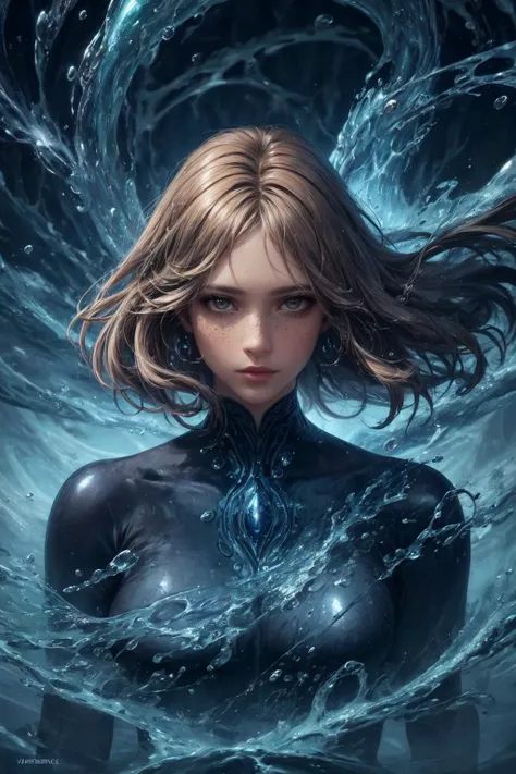 masterpiece, best quality, (realistic), (perfect face), intricate, sharp focus, <lora:add_detail:1>
1 girl, adult (elven:0.7) woman, freckles, brown eyes, light brown straight hair,
(style-swirlmagic:0.8), portrait, solo, upper body, looking at viewer, detailed background, detailed face, (renaissance theme:1.1), elemental water sorcerer, surrounded by swirling water, <lora:waterVFX:0.4> whirlwind of water, fantasy hydromancer clothes, floating particles, focusing, mystical water, vapor, river in background, blue tones, cliffs, bright lighting, ethereal atmosphere,
<hypernet:sxzBloom_sxzBloom:0.2>,