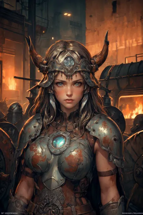 masterpiece, best quality, (realistic), (perfect face), intricate, sharp focus, <lora:add_detail:1>
1 girl, adult hungarian woman, silver eyes, yellow blowout hair,
(style-rustmagic:1.0) portrait, solo, (full body:0.6), looking up, detailed background, detailed face, (<lyco:CulturePunkBundle-000007:0.6>, vikingpunkai, norse viking theme:1.1), rust-champion, rusty armor, rusted metal, (rusty:1.05), brown rust, weathered, soot, made of rust, fully rusted, machinery, melancholic, rust in background, low light, cinematic atmosphere,