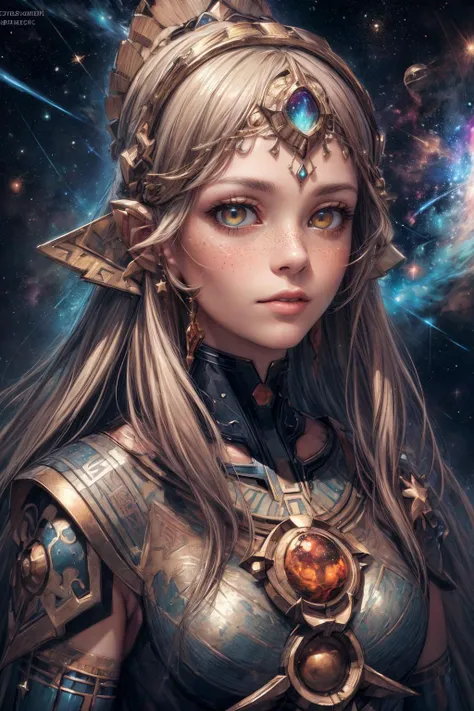 masterpiece, best quality, (realistic), (perfect face), intricate, sharp focus, <lora:add_detail:1>
1 girl, adult (elven:0.7) woman, freckles, amber eyes, ginger shaggy hair,
portrait, solo, half shot, looking at viewer, detailed background, detailed face, (<lyco:CulturePunkBundle-000007:0.5>, zulupunkai, zulu theme:1.1) (glowing eyes:1.05), embodied star constellation, zodiac, occult, sagittarius, esoteric symbolism, astral power, nebula, bright lights, glow, shine, metaphysics, reincarnation, cosmic space background, surreal esoteric atmosphere,