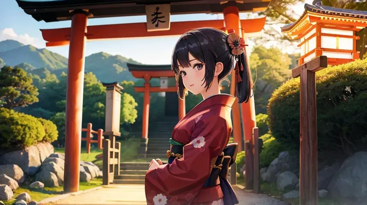 best quality, 1girl, backwards, countryside, japanese shrine, evening, summer, emotional, kimono