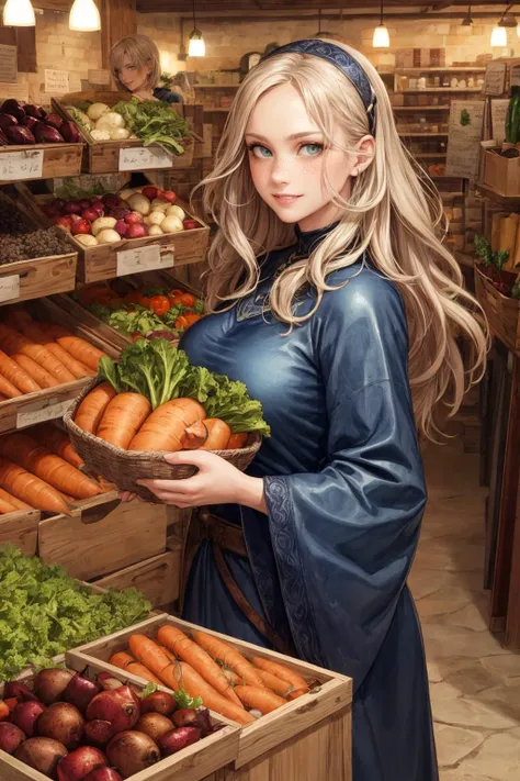masterpiece, best quality, (realistic), (perfect face), intricate, sharp focus, <lora:add_detail:1>
1 girl, adult woman, freckles, teal eyes, platinum blonde beach waves hair,
looking at viewer, solo, half shot, detailed background, detailed face, (medieval high fantasy theme:1.1), grin, dynamic pose, store clerk, (dark orange:0.8) rich merchant clothes, pouches, busy (medieval shop interior:1.1), (sacks:0.8), (boxes:0.8), (storage baskets:0.8), (shelves:0.8), selling wide variety of vegetables, salad, carrot, onions, potatoes, tomatoes, beets,