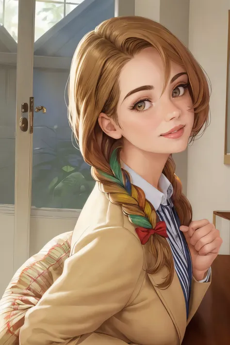 (low angle, closeup on face:1.2) photo of <lora:BrandyGordon_v1:.9> BrandyGordon,
smiling,
she is wearing multicolored stripes blazer
,
she is wearing monocle,
her hair is styled as fishtail side braid,
BREAK she is (in the granny flat:1.1),
radiant god rays,
50mm
,