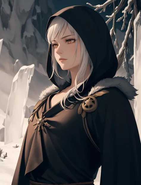 solo, upper body, detailed background, detailed face, (feudal japan theme:1.1), black winter warrior, (glowing eyes:1.05), stern expression, dynamic pose, hooded robe, ice shards, icicles, arctic winter, windy background, mountain in background low light, dark night, epic atmosphere,