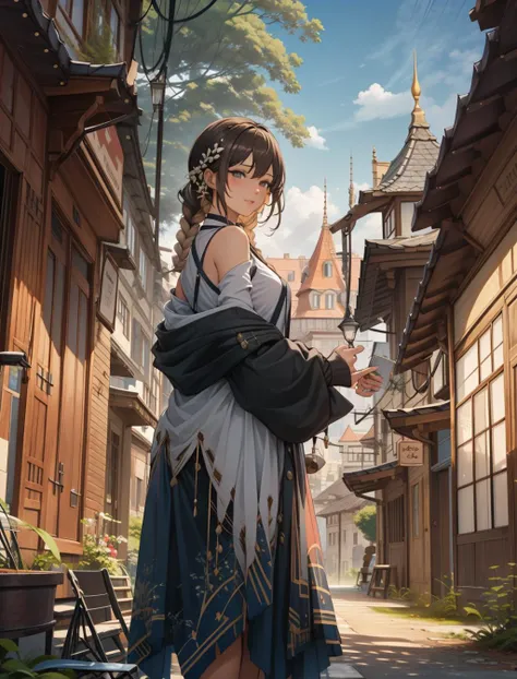 Masterpiece,absurdres,HDR,1girl,standing on the wall of the balcony of an oriental palace,on top of a mountain,village far on the background,remote,wearing a green crop top and panties,brown hair,side braids,happy,wide hips,curvy,cowboy shot,night,dark theme,artgerm,sciamano240,nsfw,danbooru,concept art,intricate,highly detailed,high resolution,great artwork,<lora:lightV1:1>,