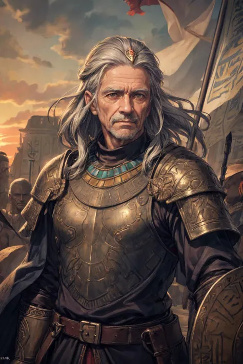 masterpiece, best quality, (realistic), (perfect face), intricate, sharp focus, <lora:add_detail:1>
(1man, wrinkled face, old male:1.2), frail, red eyes, graying hair, long mustache,
solo, upper body, looking at viewer, detailed background, detailed face, (<lyco:CulturePunkBundle-000007:0.5>, OldEgyptAI, ancient egyptian theme:1.1), guard, standing firm, resolute, leather armor, leather gauntlets, heraldry, dark blue banner, turrets in background, wind blowing, sunset, medieval atmosphere,