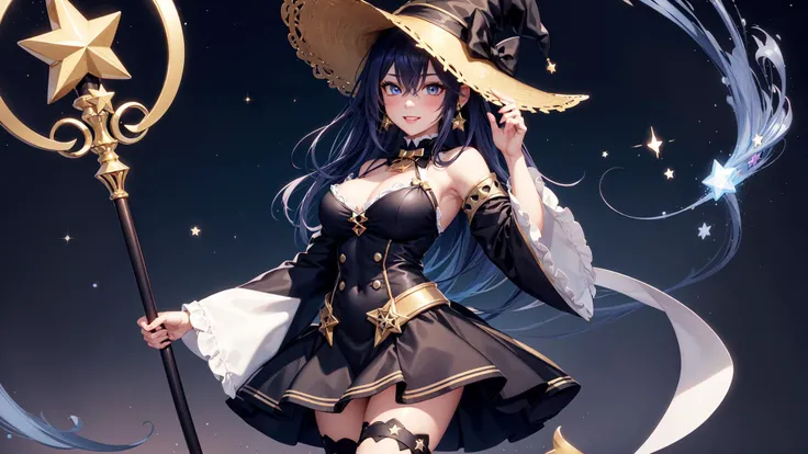 1girl,  bangs, bare shoulders, large breasts, black headwear, blue eyes, blush, bow, breasts, light smile, parted lips, detached sleeves, eyebrows visible through hair, frills, full body, hair between eyes, hand on headwear, hat, hat bow, hexagram, holding, holding wand, kneehighs, long hair, long sleeves, looking at viewer, pentagram, pink bow, pleated skirt, purple bow, sleeves past wrists, solo, staff, standing, star \(symbol\), star earrings, star hair ornament, star in eye, star necklace, star pasties, star print,  magic wind background, magic whirlwind background, very long hair, wand, white legwear, wide sleeves, witch, witch hat, wizard hat