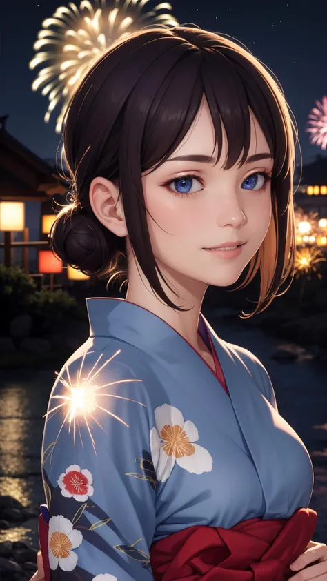 best quality, masterpiece, realistic, photorealism, photo, hdr, detailed, intricate, beautiful scenery, wonderful backround, (perfect face:1.3),
1woman, solo, night sky, fireworks, yukata, upper body, face focus, light smile,