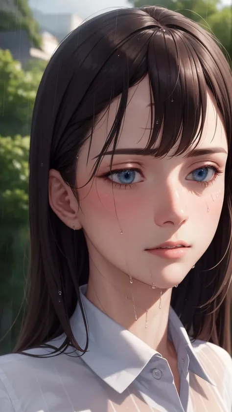 best quality, masterpiece, realistic, photorealism, photo, hdr, detailed, intricate, beautiful scenery, wonderful backround, (perfect face:1.3),
rain, under the tree, dark background, 1girl, solo, from above, pov, face-to-face, embarrassed, blush, collared shirt, wet clothes, looking away, <lora:LowRA:0:7>,