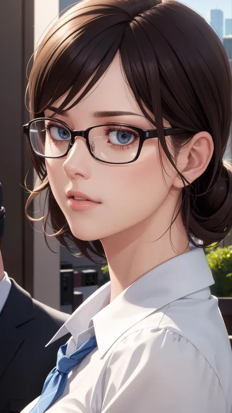 best quality, masterpiece, realistic, photorealism, photo, hdr, detailed, intricate, beautiful scenery, wonderful backround, (perfect face:1.3),
1girl, mature woman, office uniform, glasses, looking at viewer,