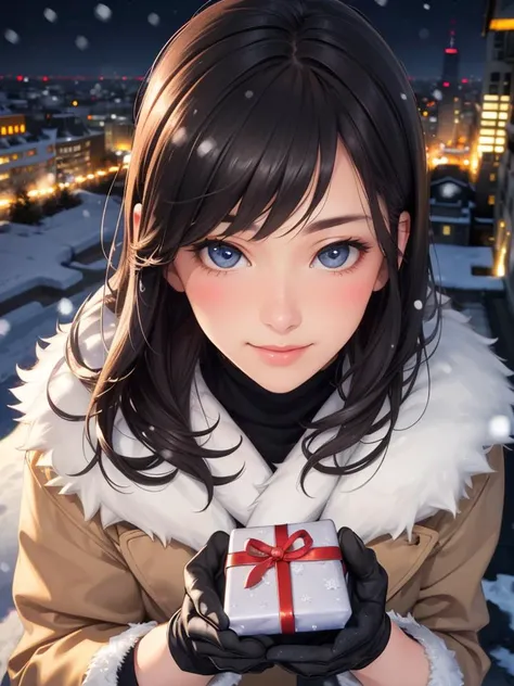 masterpiece, best quality, (realistic:1.3), perfect face, intricate, beautiful scenery, cinematic lighting, (cityscape, snowing, night sky), 1woman, winter clothes, gloves, black hair, beautiful eyes, (holding gift:1.4), ((pov, focus face, from above, upper body)), smile, blush, looking at viewer,