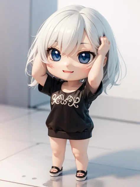 masterpiece, best quality, (realistic), (perfect face), intricate, ultra detail, 3d art, 3d render, 8k, simple background, natural light, (chibi:1.4), 1girl, standing, white hair, blue eyes, casual, smile, arm up,