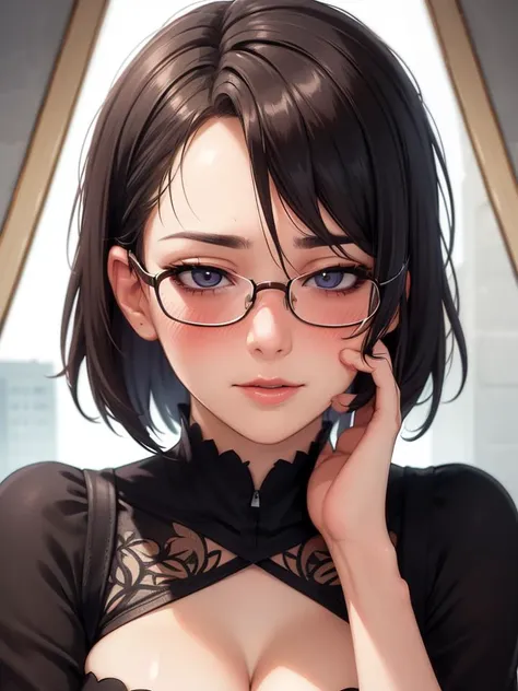 masterpiece, best quality, (perfect face:1.3), realistic, intricate, beautiful scenery, sharp focus, cinematic lighting, 1woman, (blush, ahegao, closed mouth), (hand on own cheek:1.4), short hair, framed eyewear, cleavage,