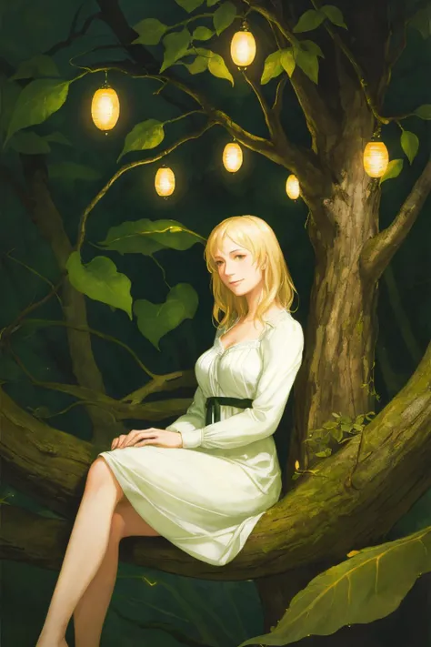 1 woman  sitting on a tree
smile  
 fog, forest, fireflies
Andrew Wyeth
    (masterpiece ) (best quality) (dramatic lighting, best shadow)