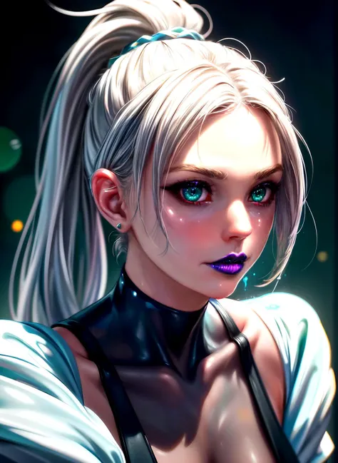 (bokeh:1.3), (depth of field:1.3), 1girl, close up shot, face focus, silver hair, ponytail, blue lipstick, glowing eyes, green eyes, beautiful eyebrows, (shadowy corners:1.2), (octane render:1.3), (masterpiece:1.3), (hires, high resolution:1.3), subsurface scattering, realistic, heavy shadow, ultra realistic, high resolution, <lora:add_detail:0.8>, <lora:deluster2:-0.6>, <lora:saturation:0.6> EyeDetail