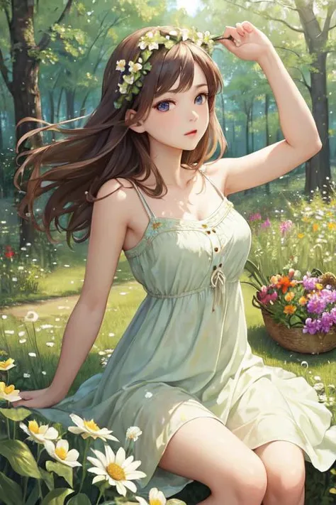 (masterpiece), best quality, expressive eyes, perfect face, forest, A young woman, in a summer sundressï, Grass and flowers grow around, Sunny summer day