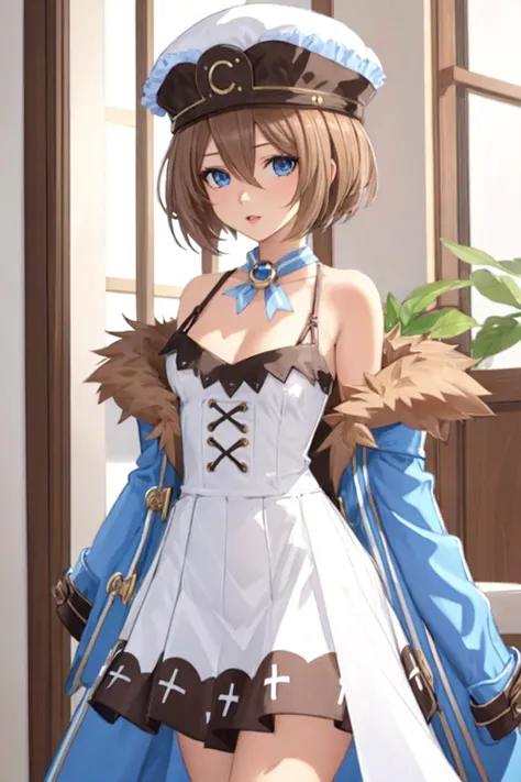 <lora:Blanc:0.7> 1girl, pikkyblanc, brown hair, short hair, hair between eyes, blue eyes, breasts, small breasts, hat, dress, coat, white dress, bare shoulders, fur trim, spaghetti strap