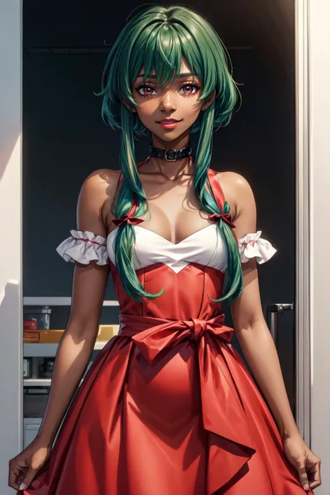 (masterpiece:1.2, best quality:1.2), ((((dark skin)))), ((pink princess dress)), ((pink dress)), <lora:n15g_aio_clothing-1.0:0.4>, <lora:more_details:0.45>, (((smile))), ((happy)), closed mouth, 1girl, red eyes, slave collar, ((green hair:1.1)), (blue hair), (two-toned hair), short hair, ((((frontlocks)))), (short hair with long locks:1.2), looking at viewer, outdoors, ((resort)), solo, sunset, red lipstick, <lora:FrontLocks_v004-08:0.55>, flat chest, ribbon, cowboy shot,