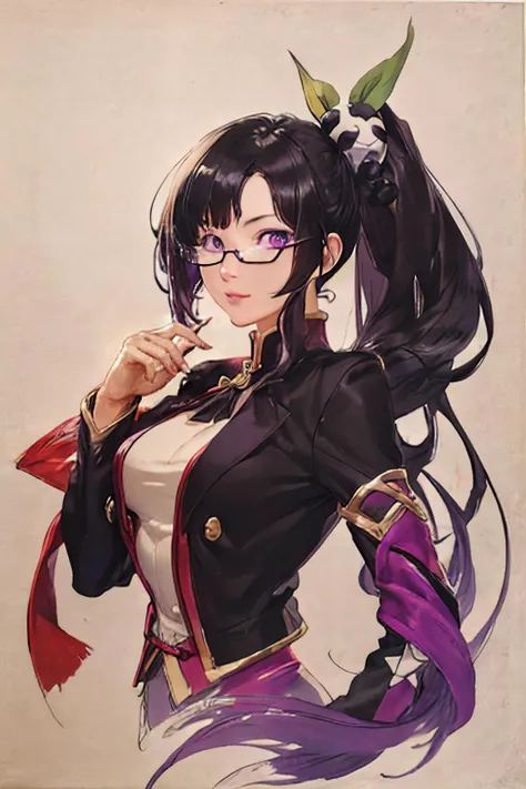 <lora:shuV2:0.8> shukezouma <lora:LitchiV2-768:0.7> litchi faye ling, purple eyes, glasses, ponytail, black hair, hair ornament