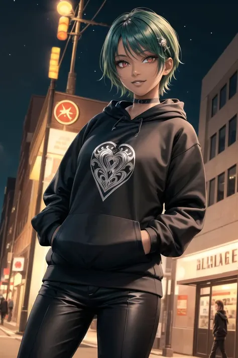 (masterpiece, best quality:1.4), (((dark skin))), ((black pants)), (((((black hoodie))))), ((((((black sweatshirt)))))), (tribal tattoos), (beautiful, perfect, delicate, detailed, intricate, aesthetic:1.2), (solo), red eyes, ((green hair)), colored tips, black hair, mascara, eyeshadow, (smile), ((closed mouth)), short hair, (flat chest), black choker, ((goth)), dynamic pose, action pose, night sky, stars, street, city, advertisements, stores, realistic background, spotlights, (((((horror))))), hair ornament, cowboy shot, <lora:more_details:0.45>,