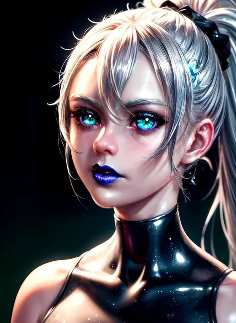 (bokeh:1.3), (depth of field:1.3), 1girl, close up shot, face focus, silver hair, ponytail, blue lipstick, glowing eyes, green eyes, beautiful eyebrows, (shadowy corners:1.2), (octane render:1.3), (masterpiece:1.3), (hires, high resolution:1.3), subsurface scattering, realistic, heavy shadow, ultra realistic, high resolution, <lora:add_detail:0.8>, <lora:deluster2:-0.6>, <lora:saturation:0.6> EyeDetail