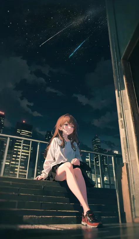 sky, scenery, cloud, 1girl, building, outdoors, railing, solo, star (sky), city, long hair, cloudy sky, from below, blurry, starry sky, standing, wide shot, sunlight, skirt, dutch angle, brown hair, sitting, depth of field, stairs<lora:halation-noiseoffset-locon-32:1>