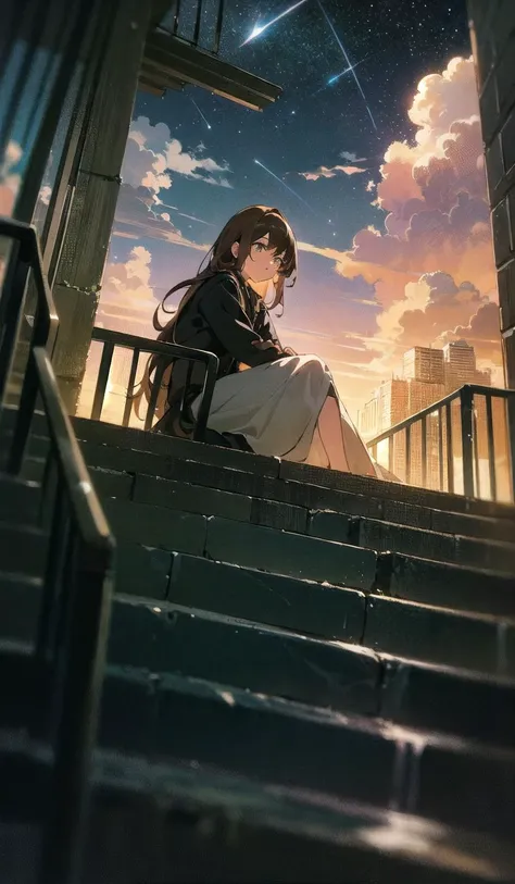 sky, scenery, cloud, 1girl, building, outdoors, railing, solo, star (sky), city, long hair, cloudy sky, from below, blurry, starry sky, standing, wide shot, sunlight, skirt, dutch angle, brown hair, sitting, depth of field, stairs  <lora:halation-noiseoffset-locon-32-000006:1>