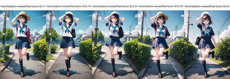 1girl, outdoors, solo, skirt, school uniform, socks, hat, sky, white socks, tree, open mouth, shoes, serafuku, cloud, day, brown hair, shirt, short sleeves, blue sky, bag, blue skirt, sailor collar, standing on one leg, standing, pleated skirt, brown footwear, utility pole, building, brown eyes, arm up, bangs, power lines, loafers, neckerchief, looking at viewer, blue shirt, backpack, full body, plant, kneehighs, black headwear, short hair, road, blue headwear, blue neckerchief, hand on headwear, medium hair, smile, leg up, upper teeth only, shadow, black hair, scenery, black shirt, blue serafuku <lora:halation-noiseoffset-locon-32:1>
