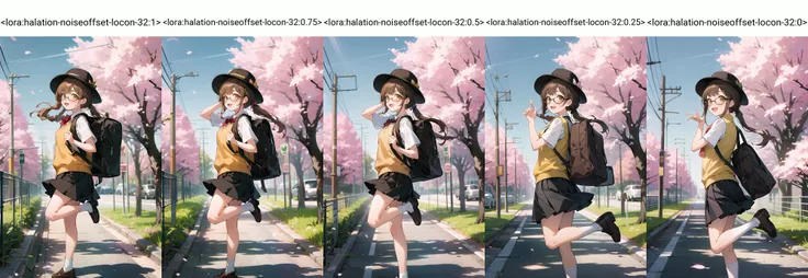 1girl, solo, outdoors, skirt, bag, sign, socks, brown hair, tree, shoes, school uniform, brown footwear, open mouth, smile, day, pleated skirt, looking at viewer, scenery, hat, standing, sunlight, long hair, road sign, black skirt, backpack, road, white socks, dappled sunlight, loafers, sweater vest, standing on one leg, bangs, braid, shirt, :d, plant, school bag, leg up, traffic light, glasses, blush, wide shot, power lines, cherry blossoms, yellow vest, twintails, utility pole, looking back, green eyes, from side, brown eyes <lora:halation-noiseoffset-locon-32:1>