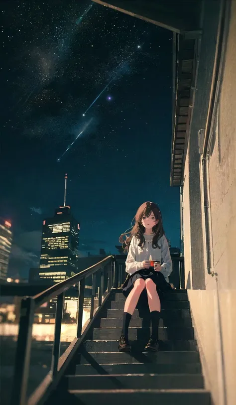 sky, scenery, cloud, 1girl, building, outdoors, railing, solo, star (sky), city, long hair, cloudy sky, from below, blurry, starry sky, standing, wide shot, sunlight, skirt, dutch angle, brown hair, sitting, depth of field, stairs<lora:halation-noiseoffset-locon-32:1>