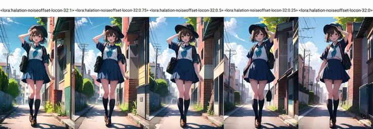 1girl, outdoors, solo, skirt, school uniform, socks, hat, sky, white socks, tree, open mouth, shoes, serafuku, cloud, day, brown hair, shirt, short sleeves, blue sky, bag, blue skirt, sailor collar, standing on one leg, standing, pleated skirt, brown footwear, utility pole, building, brown eyes, arm up, bangs, power lines, loafers, neckerchief, looking at viewer, blue shirt, backpack, full body, plant, kneehighs, black headwear, short hair, road, blue headwear, blue neckerchief, hand on headwear, medium hair, smile, leg up, upper teeth only, shadow, black hair, scenery, black shirt, blue serafuku <lora:halation-noiseoffset-locon-32:1>