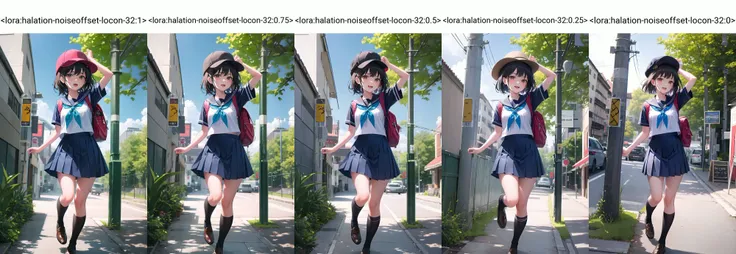 1girl, outdoors, solo, skirt, school uniform, socks, hat, sky, white socks, tree, open mouth, shoes, serafuku, cloud, day, brown hair, shirt, short sleeves, blue sky, bag, blue skirt, sailor collar, standing on one leg, standing, pleated skirt, brown footwear, utility pole, building, brown eyes, arm up, bangs, power lines, loafers, neckerchief, looking at viewer, blue shirt, backpack, full body, plant, kneehighs, black headwear, short hair, road, blue headwear, blue neckerchief, hand on headwear, medium hair, smile, leg up, upper teeth only, shadow, black hair, scenery, black shirt, blue serafuku <lora:halation-noiseoffset-locon-32:1>