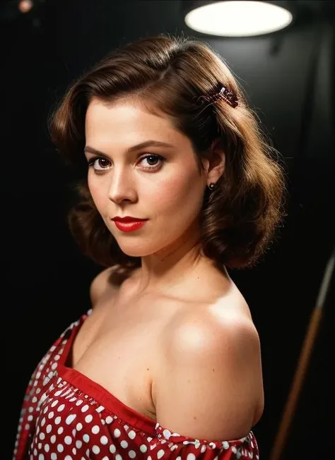 (<lora:SigourneyWeaver:.8>) ,a close up Portrait photo of (sw1) woman with brown short hair, Detailed face, (perfect eyes), (highly detailed skin:1.1), perfect body, wearing Rockabilly Pin-up: Polka Dot Swing Dress, Wide Belt, Mary Jane Pumps, Bandana Headband, Red Lipstick, Professional Photography, soft lighting, PHOTOREALISTIC, Realistic, standing in a dark studio background, blurred background, volumetric fog, RAW, analog style, sharp focus, 8k, HD, DSLR, high quality, Fujifilm XT3, film grain, award winning, masterpiece,