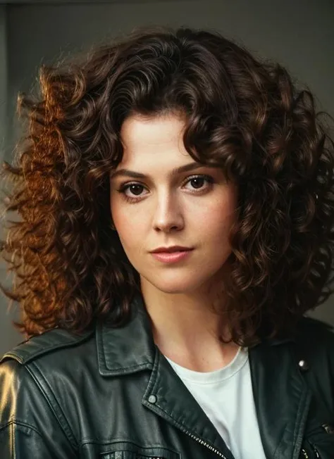 (<lora:SigourneyWeaver:.9>) ,a close up Portrait photo of (sw1) woman with big curly hair, Detailed face, (perfect eyes), (highly detailed skin:1.1), perfect body, wearing a leather jacket, Modelshoot style, Professional Photography, soft lighting, PHOTOREALISTIC, Realistic, standing in a dark studio background, blurred background, volumetric fog, RAW, analog style, sharp focus, 8k, HD, DSLR, high quality, Fujifilm XT3, film grain, award winning, masterpiece,
