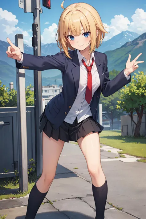 ((masterpiece)), (best quality), official art, extremely detailed CG, unity 8k wallpaper, ultra detailed, detailed background, vivid color, 
1girl, hitomi, blonde hair, cowlick, short hair, long hair, small breasts, school uniform, blazer, blue blazer, red necktie, white shirt, black skirt, black socks, <lora:hitomi_ver1.0:0.6>,  chestnut mouth, smirk, dynamic pose, 
outdoors, mountain,