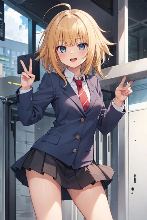 ((masterpiece)), (best quality), official art, extremely detailed CG, unity 8k wallpaper, ultra detailed, detailed background, vivid color,
1girl, hitomi, blonde hair, cowlick, short hair, long hair, small breasts, school uniform, blazer, blue blazer, red necktie, white shirt, black skirt, black socks, <lora:hitomi_ver1.0:0.6>, chestnut mouth, smirk, open mouth, standing, double v,
outdoors, mountain,