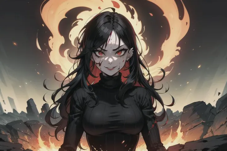 masterpiece, best quality, ultra-detailed, evil lighting, 1girl, goth, full body, black hair, long hair, red eyes, black eyeliner, black lips, piercing, turtleneck, turtleneck sweater, looking at viewer, red glow, evil smile, bloodlust, blood on face, evil, molten rock, red theme, haunted background, horror \(theme\), volcano background, fire, lava, lava lake