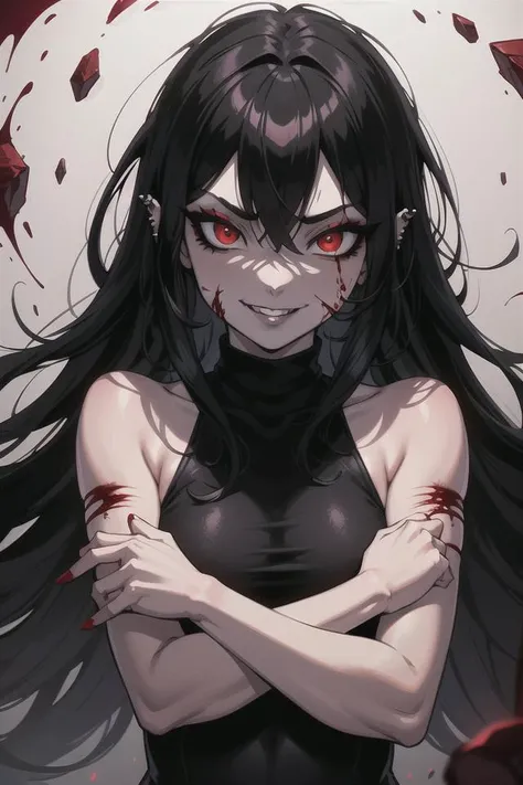 masterpiece, best quality, ultra-detailed, evil lighting, 1girl, goth, black hair, long hair, red eyes, black eyeliner, black lips, piercing, turtleneck, turtleneck sweater, looking at viewer, red glow, evil smile, bloodlust, blood on face, evil