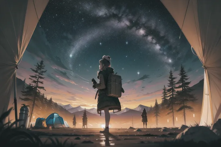 masterpiece, best quality, ultra-detailed, illustration, 1girl, solo, outdoors, camping, night, mountains, nature, stars, moon, tent, twin ponytails, green eyes, cheerful, happy, backpack, sleeping bag, camping stove, water bottle, mountain boots, gloves, sweater, hat, flashlight, forest, rocks, river, wood, smoke, shadows, contrast, clear sky, constellations, Milky Way, peaceful, serene, quiet, tranquil, remote, secluded, adventurous, exploration, escape, independence, survival, resourcefulness, challenge, perseverance, stamina, endurance, observation, intuition, adaptability, creativity, imagination, artistry, inspiration, beauty, awe, wonder, gratitude, appreciation, relaxation, enjoyment, rejuvenation, mindfulness, awareness, connection, harmony, balance, texture, detail, realism, depth, perspective, composition, color, light, shadow, reflection, refraction, tone, contrast, foreground, middle ground, background, naturalistic, figurative, representational, impressionistic, expressionistic, abstract, innovative, experimental, unique