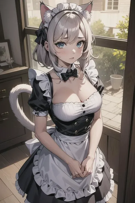 1girl, cat ears, cat tail, maid