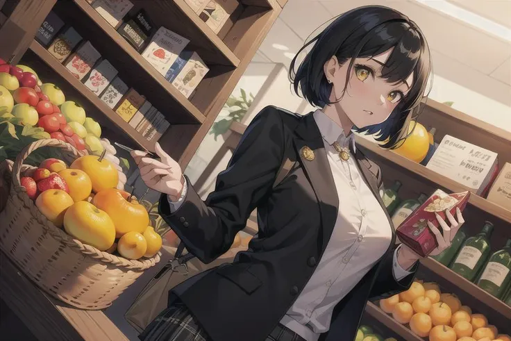 ((masterpiece,best quality)), 1girl, food, fruit, solo, skirt, shop, indoors, jacket, shopping, basket, jewelry, shirt, shelf, short hair, black hair, plaid skirt, black jacket, dutch angle, yellow eyes