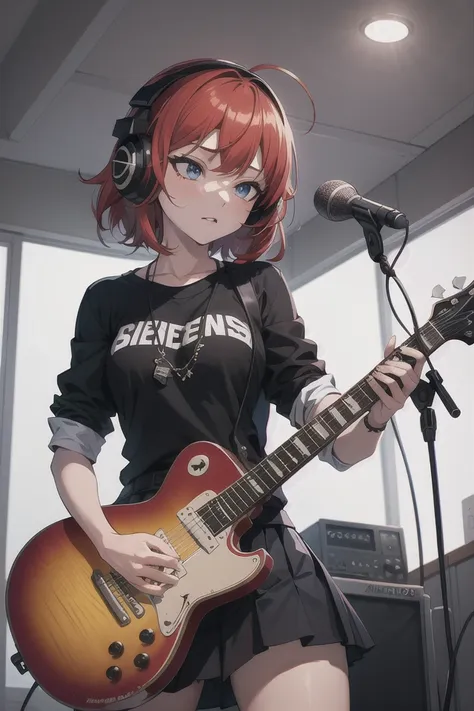 ((masterpiece,best quality))1girl, solo, black skirt, blue eyes, electric guitar, guitar, headphones, holding, holding plectrum, instrument, short hair, music, one side up, red hair, playing guitar, pleated skirt, black shirt, indoors