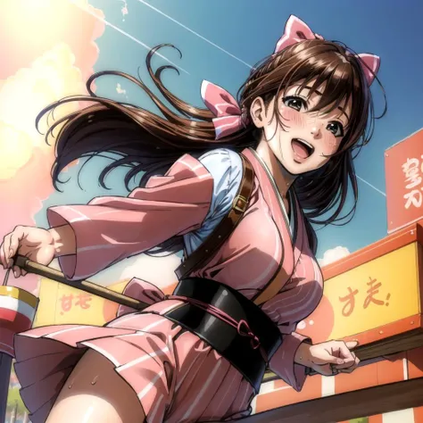 (realistic, photorealistic:1.5) photo of a girl, Musket Brown hair,happy, energetic, pink hairbow, , summer clothes, japanese shopping district, summer festival, sweat