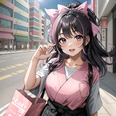 1girl, Dark Gray hair,happy, energetic, pink hairbow, , summer clothes, japanese shopping district,