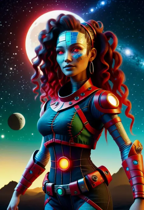 a woman in a futuristic outfit standing in front of a planet