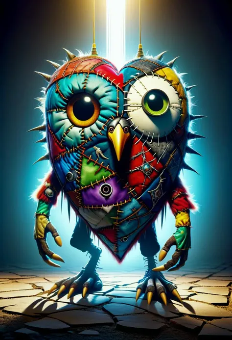 a painting of a colorful owl with spikes and eyes