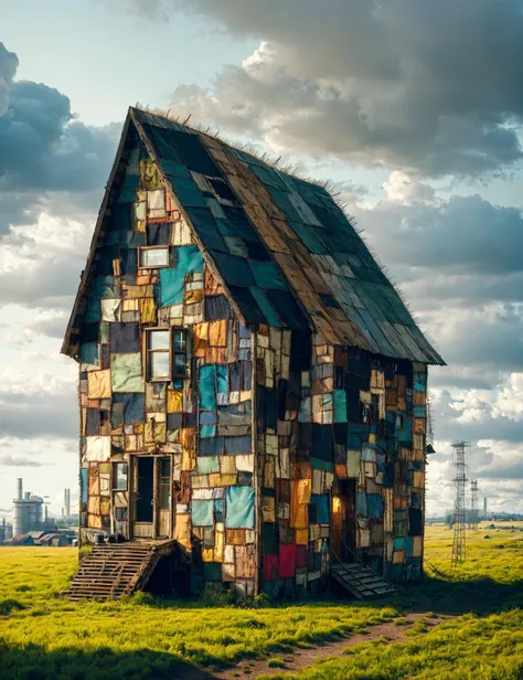 masterpiece, awesome quality, hyper detailed, DonMFr4nk3nst31n patchwork, industrial city cabin in prairie biome,  <lora:DonMFr4nk3nst31n:0.8>