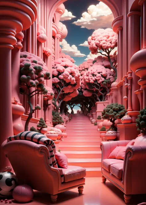 BJ_Crazy_polka_dots,sky,day,cloud,tree,blue_sky,no_humans,scenery,stairs,pillar,
pink and black,many dots,many round,cinematic lighting,strong contrast,Best quality,masterpiece,<lora:Crazy_polka_dots:0.7>,